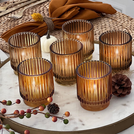 Kate Aspen Vintage Glass Tealight & Amber Votive Candle Holders (Set of 6) – Rustic Fluted Candle Holder Set, Boho Home Decor, Wedding Table Centerpieces, Farmhouse Kitchen Table Decor Kate Aspen