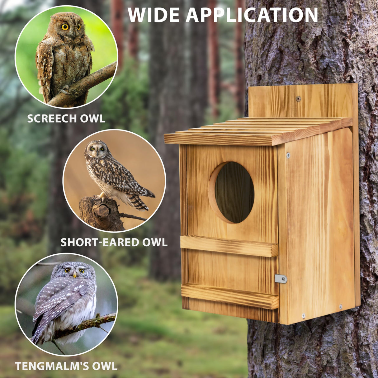 Screech Owl House, Owl Bird Box Large Handmade Wooden Circular Opening Screech Box for Outside with Mounting Screws and A Bag of Wood Shavings, Easy Assembly Required (Brown, 9" x 14.5") MOBYKE