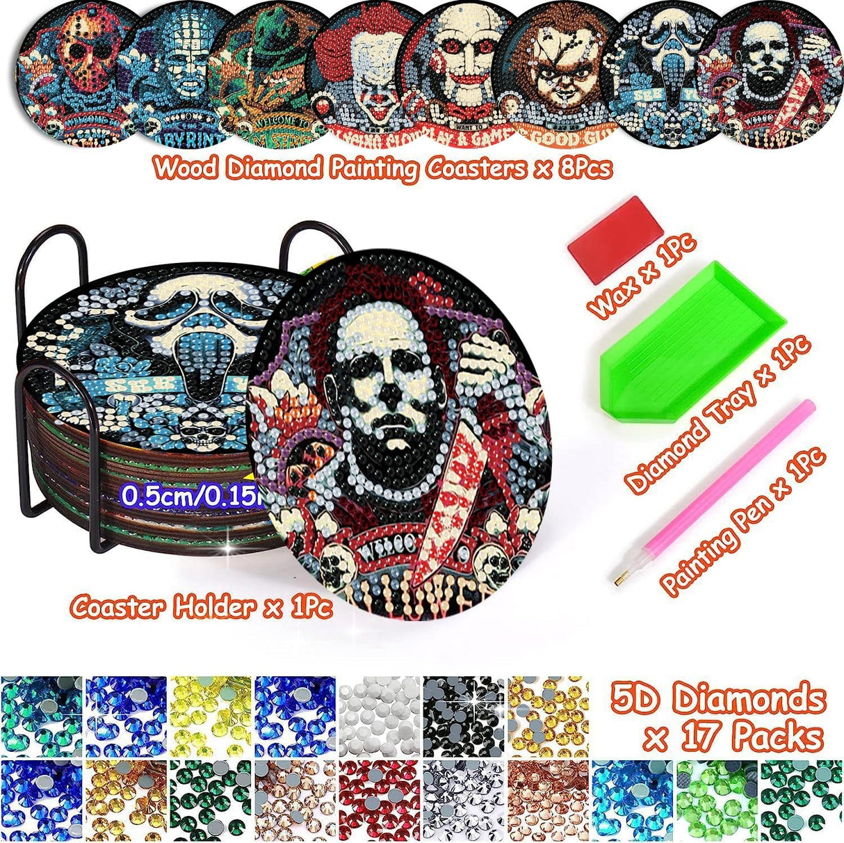 8 Pcs Halloween Diamond Art Coasters Kit for Adults - Round Full Drill Horror Diamond Painting Coasters Set with Holder,DIY Diamond Dot by Number Coaster Art and Craft for Home Wall Decor Gifts Ammklfh
