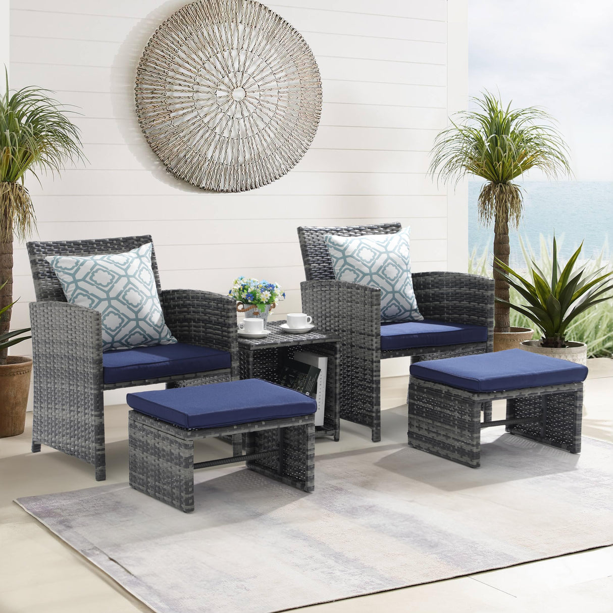 OC Orange-Casual 5 Piece Patio Furniture Set, Wicker Outdoor Conversation Chair and Ottoman Set with Coffee Table, Pillows Included, for Balcony, Porch, Deck, Navy Blue OC Orange-Casual