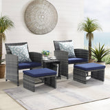 OC Orange-Casual 5 Piece Patio Furniture Set, Wicker Outdoor Conversation Chair and Ottoman Set with Coffee Table, Pillows Included, for Balcony, Porch, Deck, Navy Blue OC Orange-Casual