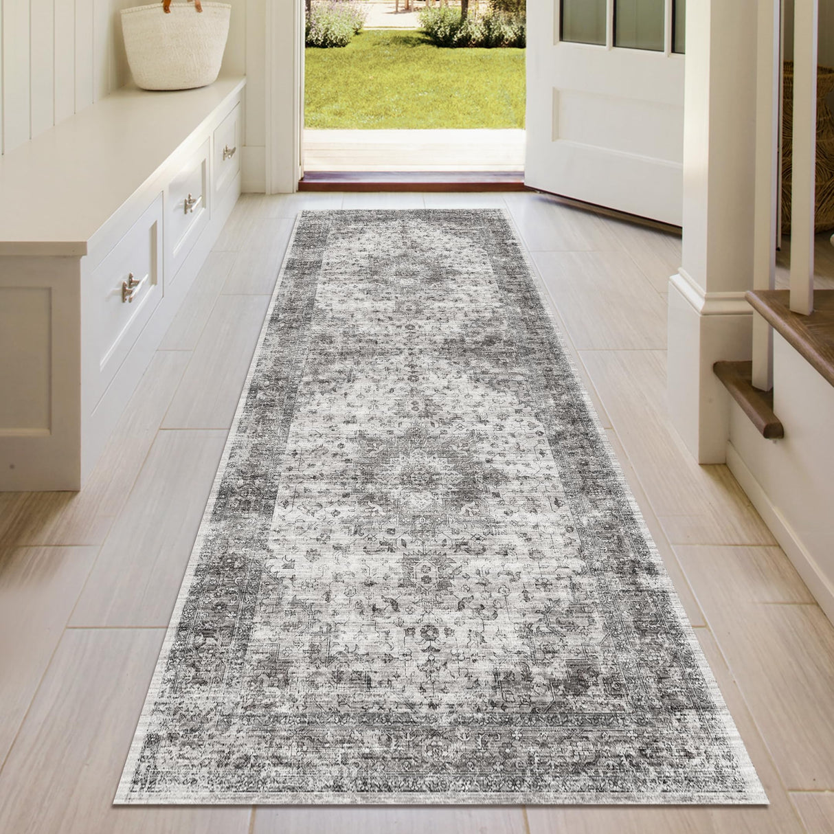Hallway Runner Rug Washable Carpet: 2x6 Non Slip Vintage Rug with Rubber Backing Long Floor Mat for Kitchen Laundry Entryway Bathroom (Grey, 2'x6') KINOGIC
