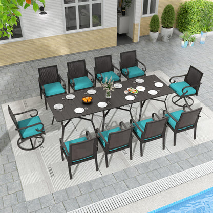 RTDTD 13 Pieces Outdoor Dining Set Patio Dining Table and Chairs Set Outdoor Furniture Set with 3 Square Metal Dining Tables with Umbrella Hole，10 Wicker Patio Chairs with Blue Cushions - WoodArtSupply