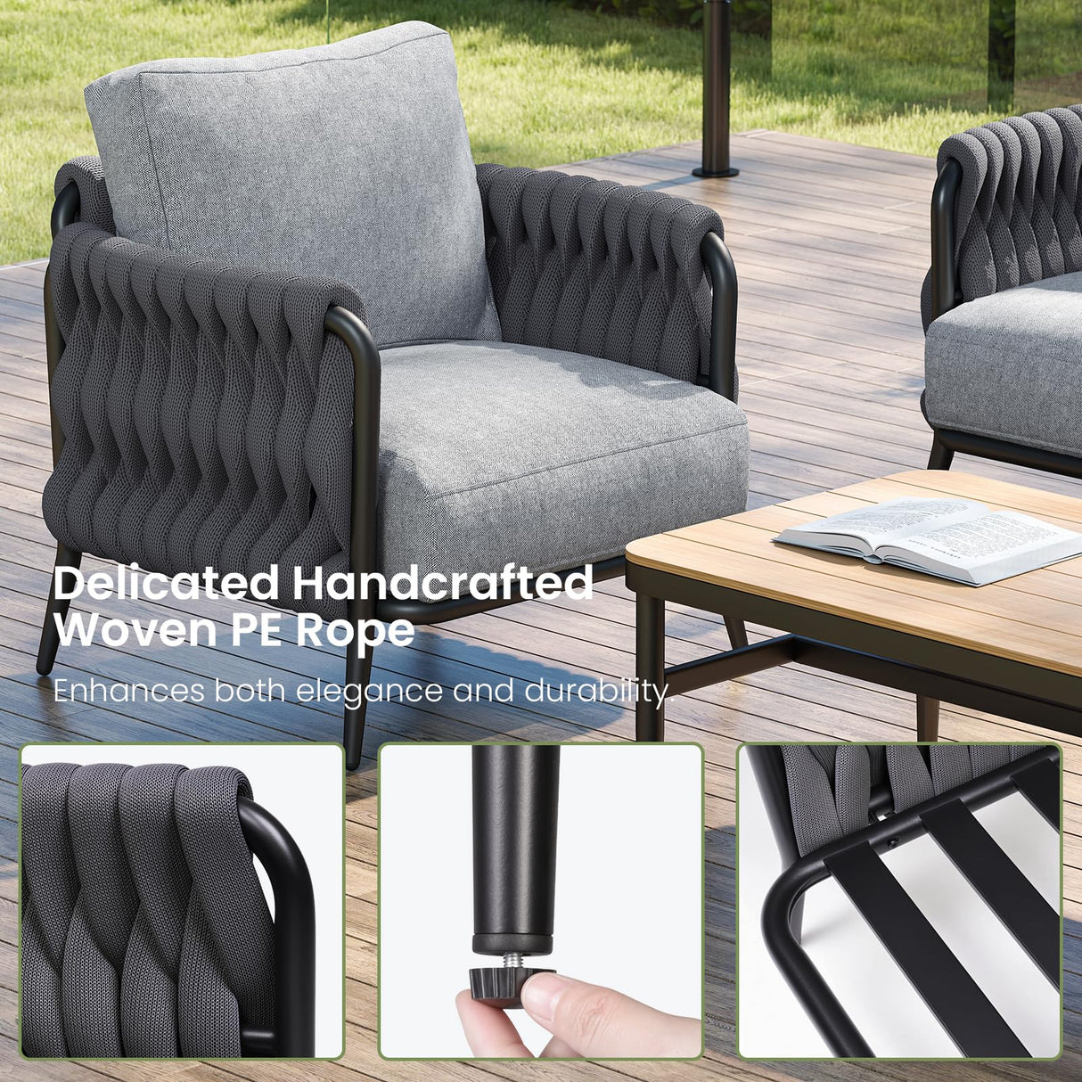 Jocoevol Outdoor Patio Furniture Set 6-Piece, Outdoor 5-Seat Sofa with Coffee Table, Waterproof Thick Cushion Patio Conversation Set, All Weather Outdoor Couch Set for Deck, Lawn, Balcony, Porch Jocoevol