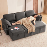 Tbfit Sleeper Sofa Couch with Pullout Bed, 83’’Sofa Bed Couch with Storage Chaise & USB, Egyptian Velvet Convertible Sleeper Sofa, Pull Out Sofa for Living Room, Dark Gray Tbfit