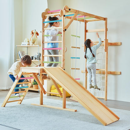 Avenlur Grove 8-in-1 Indoor Jungle Gym with Gymnastic Rings, Climbing Rope, Swing, Slide, Monkey Bars, Rope Wall Net, and Wooden and Rope Ladder - Jungle Play Set for Kids Ages 2-11 Years Old