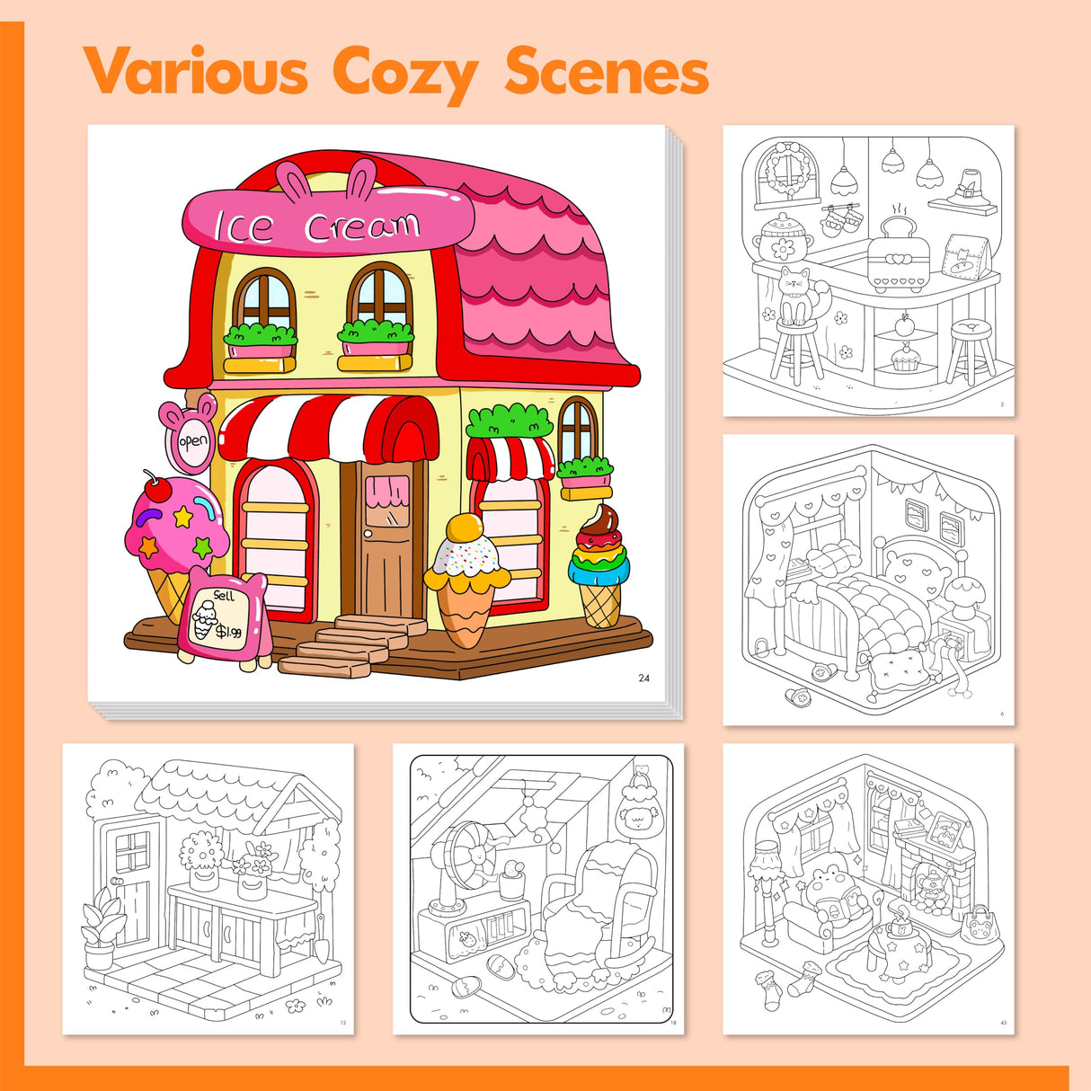 Cute & Cozy Coloring Book, 50 Sheets Warm Scenes with 600+ Stickers, Cute Animals- Themed Pages Stress Relief for Adults & Teens Relaxation, Comfy Day, Cozy Hygge Moment (8.3” x 8.3”) Gethelud