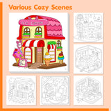 Cute & Cozy Coloring Book, 50 Sheets Warm Scenes with 600+ Stickers, Cute Animals- Themed Pages Stress Relief for Adults & Teens Relaxation, Comfy Day, Cozy Hygge Moment (8.3” x 8.3”) Gethelud
