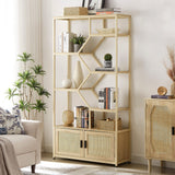 Rattan Bookshelf with 1 Natural Rattan Storage Cabinet and 7 Open Display Shelves, 7 Tier Bookshelf w/Adjustable Shleves & Foot Pad for Living Room, Bedroom, Office, Metal Shelves, Natural Voohek