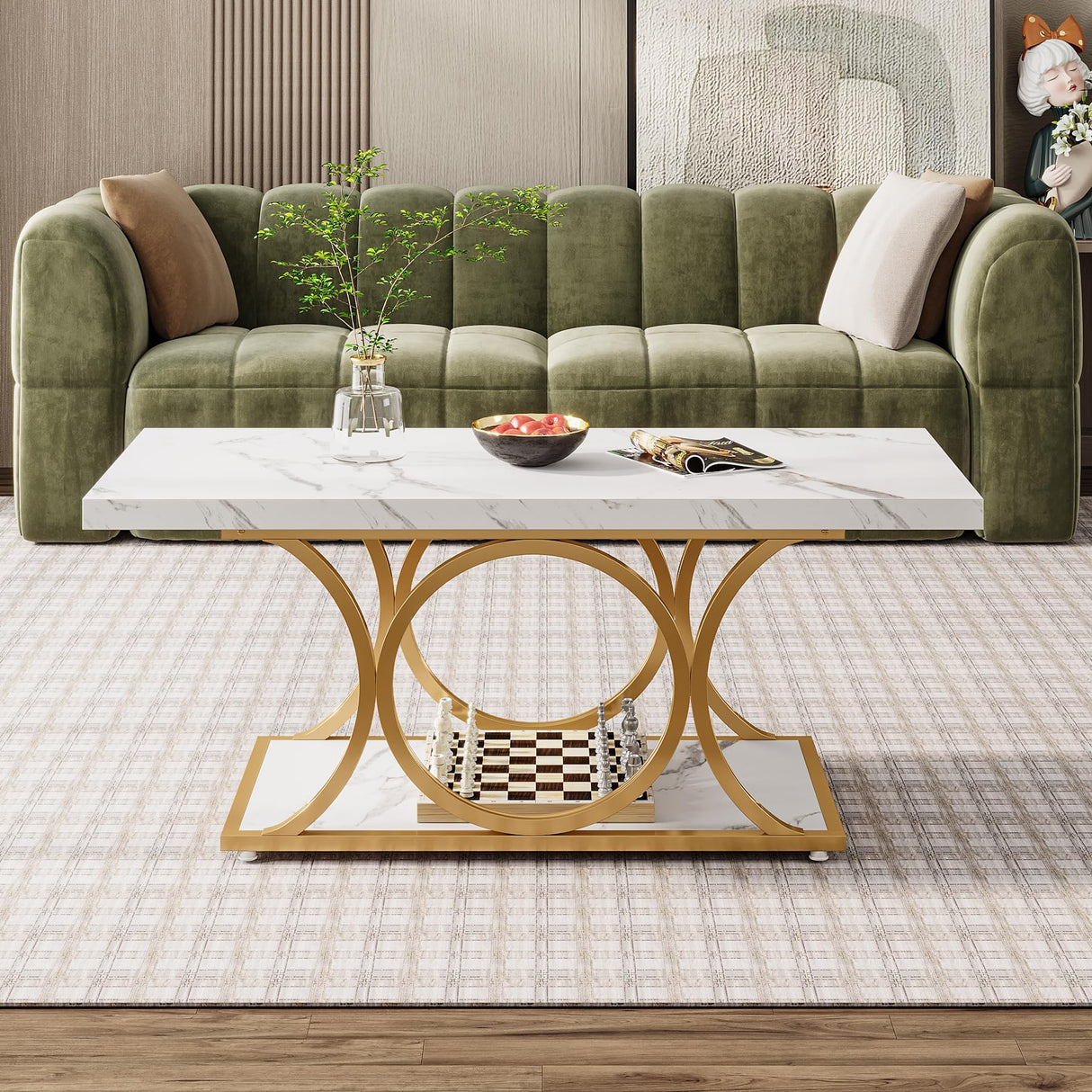 Tribesigns Rectangle Coffee Table, 47.24-inch Modern Coffee Tables for Living Room, 2-Tier Faux Marble Wood Coffee Table with Geometric Legs, Furniture with Storage Shelf (White & Gold) Tribesigns