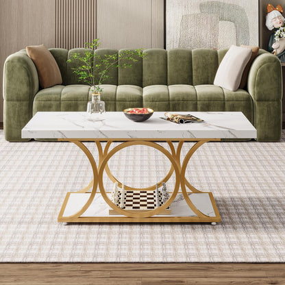 Tribesigns Rectangle Coffee Table, 47.24-inch Modern Coffee Tables for Living Room, 2-Tier Faux Marble Wood Coffee Table with Geometric Legs, Furniture with Storage Shelf (White & Gold) - WoodArtSupply