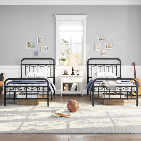 Yaheetech 2 Pcs Twin Size Metal Bed Frame with Vintage Headboard and Footboard, Farmhouse Platform Bed, Heavy Duty Steel Slat Support, 13 Inch Under-Bed Storage, No Noise, No Box Spring Needed, Black Yaheetech