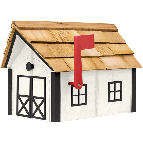 Amish-Made Deluxe Post Mount Wooden Mailbox with Cedar Shingles (White with Black Trim) Dress the Yard