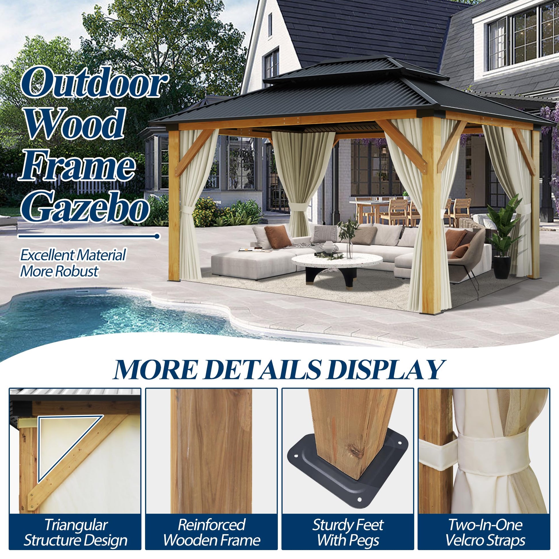 COVERONICS 13FT x 15FT Outdoor Cedar Wooden Gazebo - Patio Wood Frame Gazebo with Galvanized Steel Hardtop, Heavy-Duty Hardtop Gazebo with Netting & Curtains for Garden, Poolside, Deck, Backy - WoodArtSupply