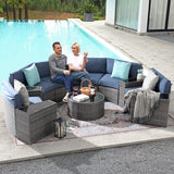 SUNSITT Outdoor Patio Furniture 11-Piece Half-Moon Sectional Round Patio Furniture Set Curved Outdoor Sofa with Tempered Glass Round Coffee Table, 4 Pillows, Grey Rattan & Denim Blue Cushion SUNSITT
