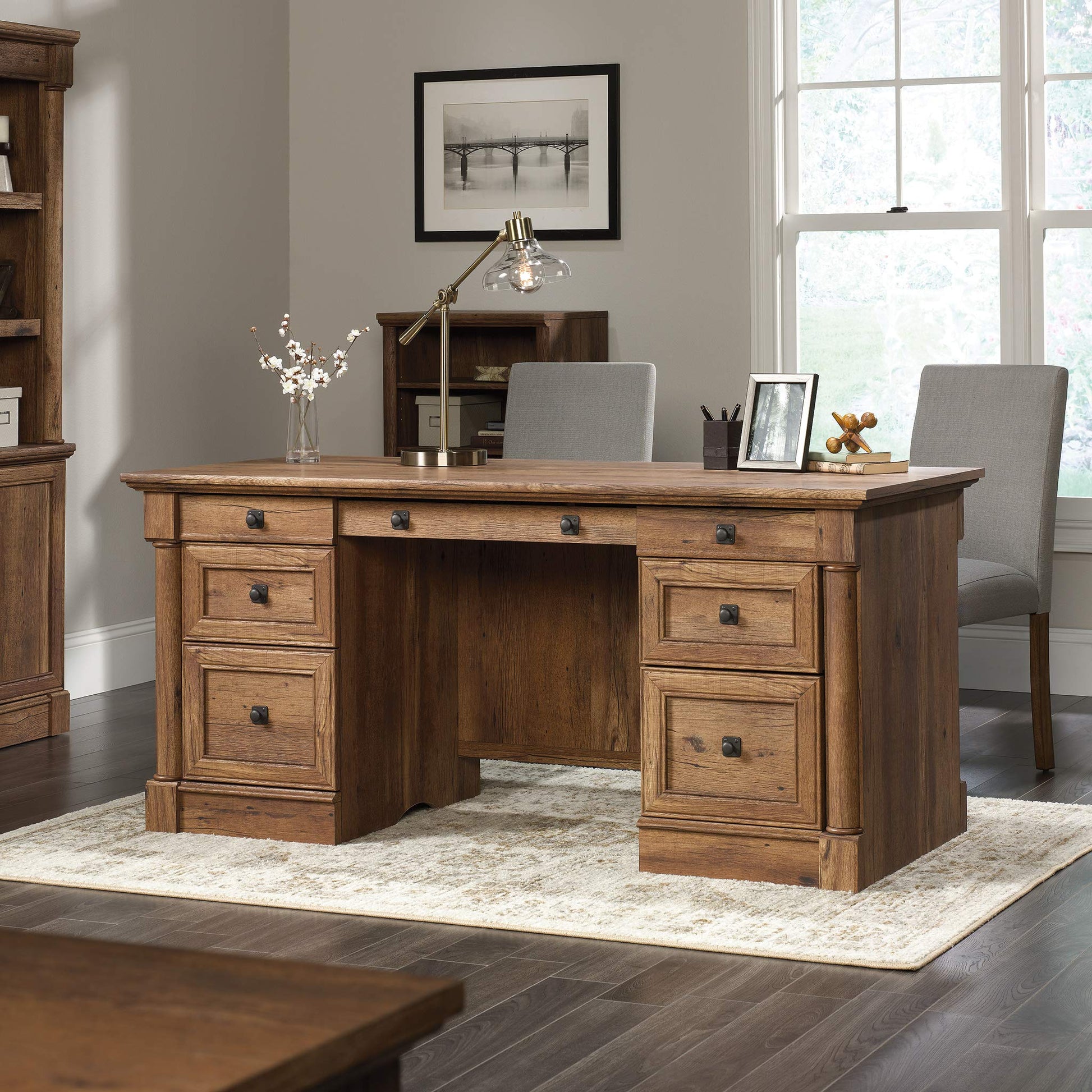 Sauder Palladia Executive Desk, Engineered Wood, 29.5"D x 65.1"W x 29.61"H, Vintage Oak finish - WoodArtSupply