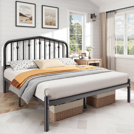 Susalt 14 Inch Queen Bed Frame, Sturdy Rustic Metal Bed Frame Queen Size, Queen Bed Frame with Headboard and 12.5" Under Bed Space, Curved Corner/No Noise/Easy Assembly/No Box Spring Needed, Black Susalt