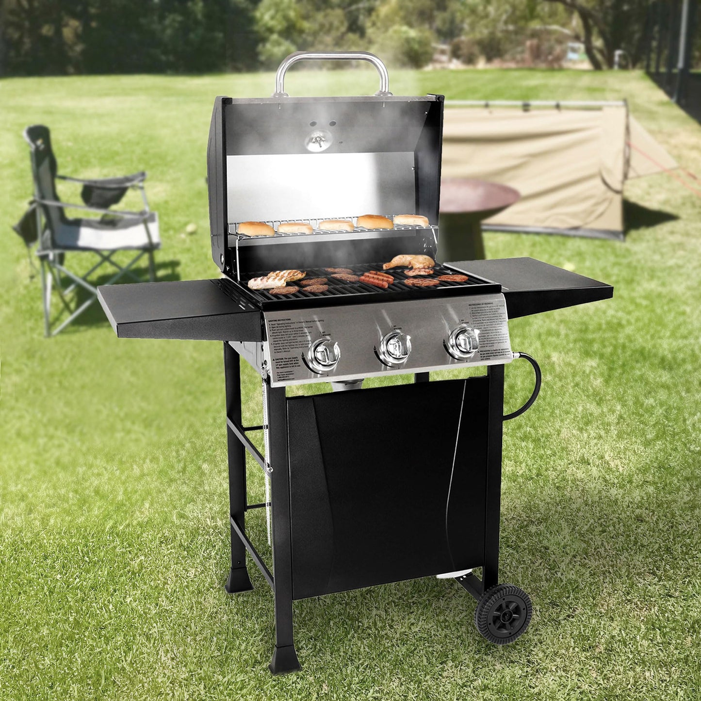 Grill Boss Propane 3 Burner Gas Grill, Portable BBQ w/Lid, Wheels & Side Shelves, Black