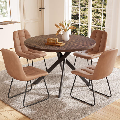 HIPIHOM 45.3 Inch Round Dining Table Set for 4, Mid Century Modern Small Coffee Set for Dining Room Kitchen Apartment (Dark Walnut Table + 4 U-Shaped Brown Chairs) HIPIHOM