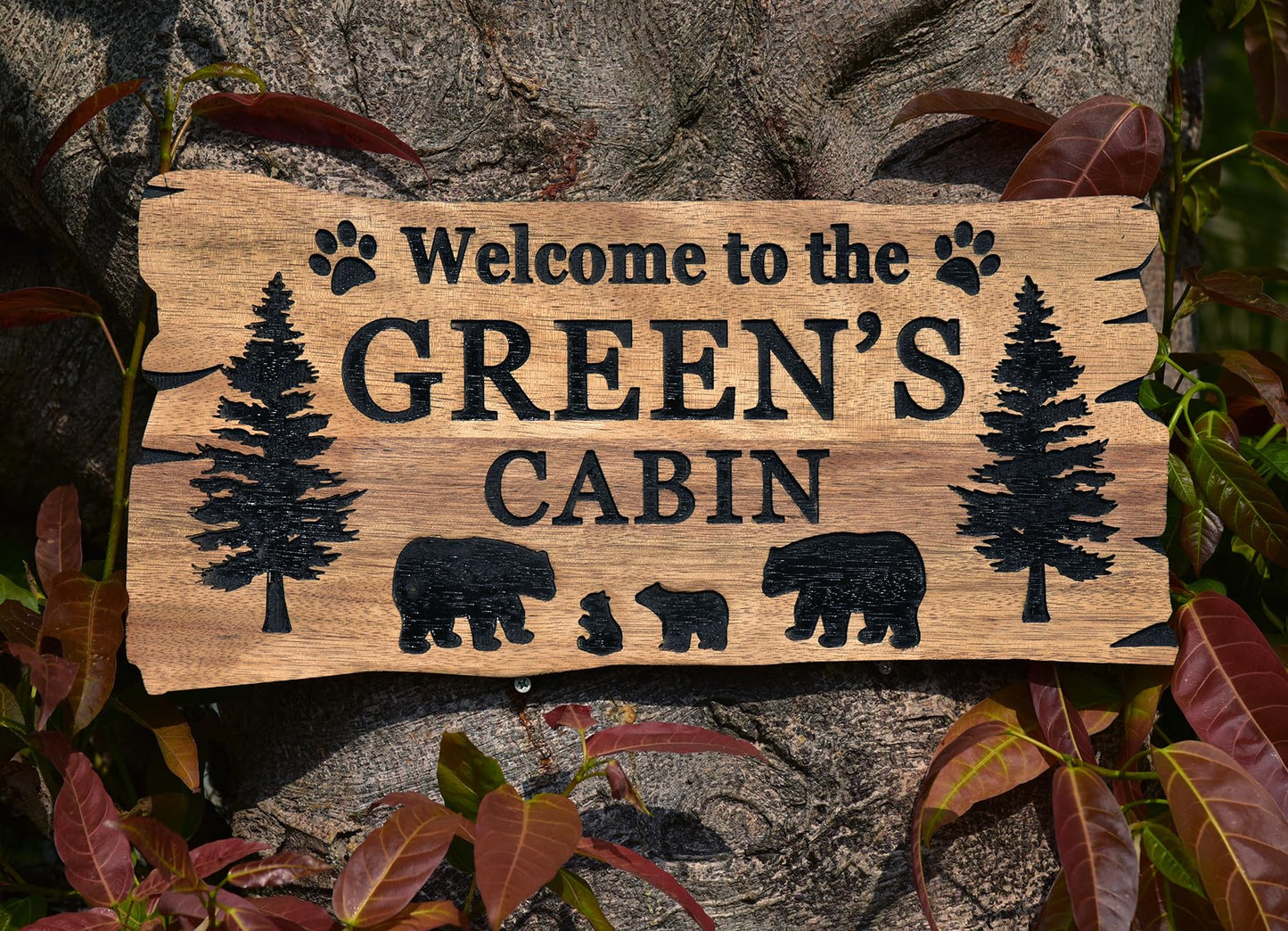 Custom Cabin Sign Custom Wood Sign, Personalized Bear Family In Woods Cabin Signs, Welcome Sign, Large Outdoor Wooden Last Name Sign, Lake House - WoodArtSupply