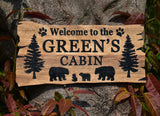 Custom Cabin Sign Custom Wood Sign, Personalized Bear Family In Woods Cabin Signs, Welcome Sign, Large Outdoor Wooden Last Name Sign, Lake House Generic