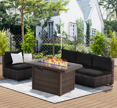 gaildon Patio Furniture Set, 5 PCS Outdoor Sectional Patio Furniture Set with 42" Fire Pit Table, Rattan Wicker Sofa Couch for Garden Backyard Deck Poolside, Black