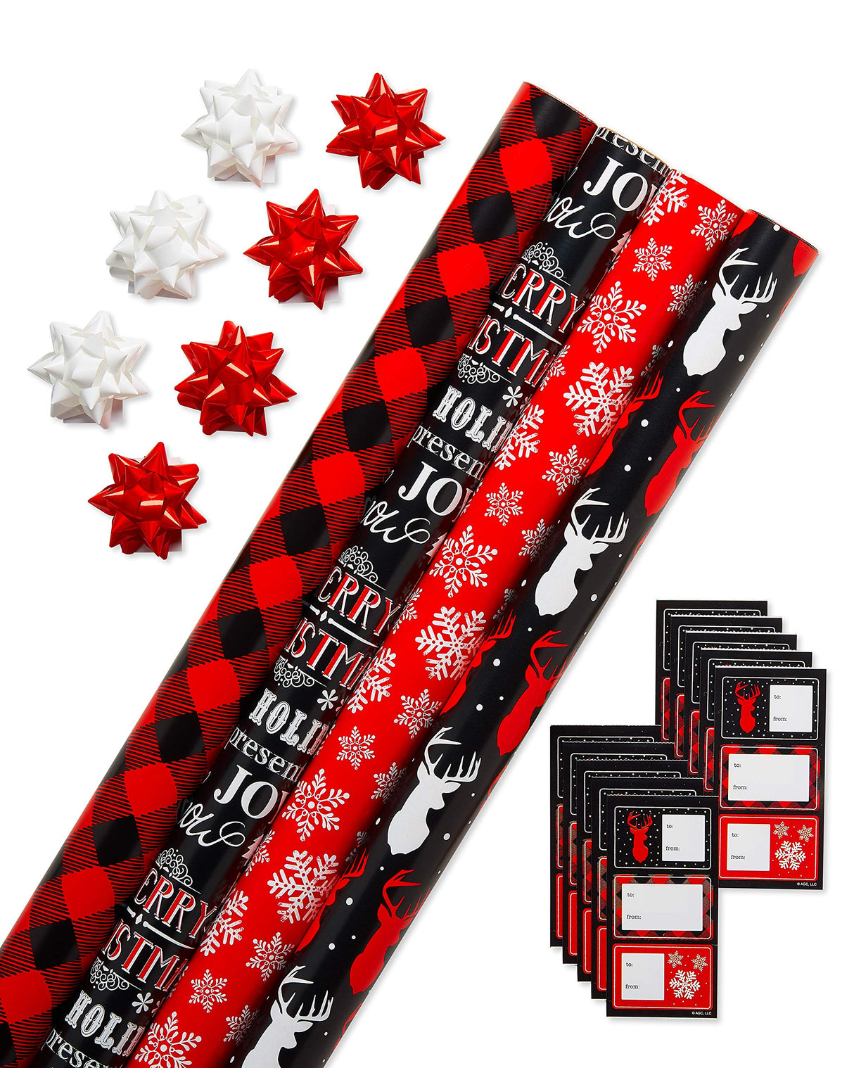 American Greetings 120 sq. ft. Red and Black Christmas Wrapping Paper Set with Cut Lines (4 rolls 30 in. x 12 ft., 7 Bows, 30 Gift Tags), Christmas Text, Plaid, Reindeer and Snowflakes Papyrus