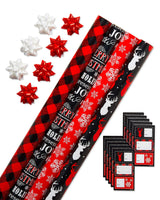 American Greetings 120 sq. ft. Red and Black Christmas Wrapping Paper Set with Cut Lines (4 rolls 30 in. x 12 ft., 7 Bows, 30 Gift Tags), Christmas Text, Plaid, Reindeer and Snowflakes Papyrus