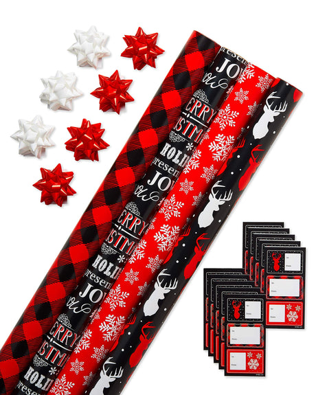 American Greetings 120 sq. ft. Red and Black Christmas Wrapping Paper Set with Cut Lines (4 rolls 30 in. x 12 ft., 7 Bows, 30 Gift Tags), Christmas Text, Plaid, Reindeer and Snowflakes Papyrus
