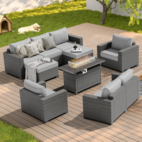 ABCASA Patio Furniture Set with Fire Pit Table, 44'' 60,000 BTU Flame Comfortable 10 Pieces Wicker Rattan Outdoor Furniture Set w/Soft Cushion, Patio Conversation Sets for Porch,Deck,Poolside,Grey ABCASA