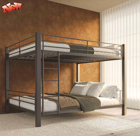 Latest Upgrade & Stronger Queen Over Queen Bunk Bed for Adults, Heavy Duty Metal Bunk Bed Queen Size with Ladder and Full-Length Guardrails and Slats Support for Boys Girls, Space-Saving,Easy Assemble Movdevy