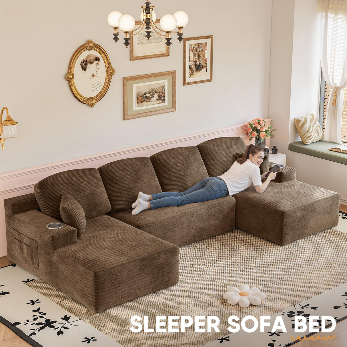 Homall 142" Boneless Couch, Modular Sectional Sofa, No Assembly Required, Memory Foam Filling, Corduroy U-Shaped Sofa, Movable Multi-Person Couch for Living Room (Brown) Homall