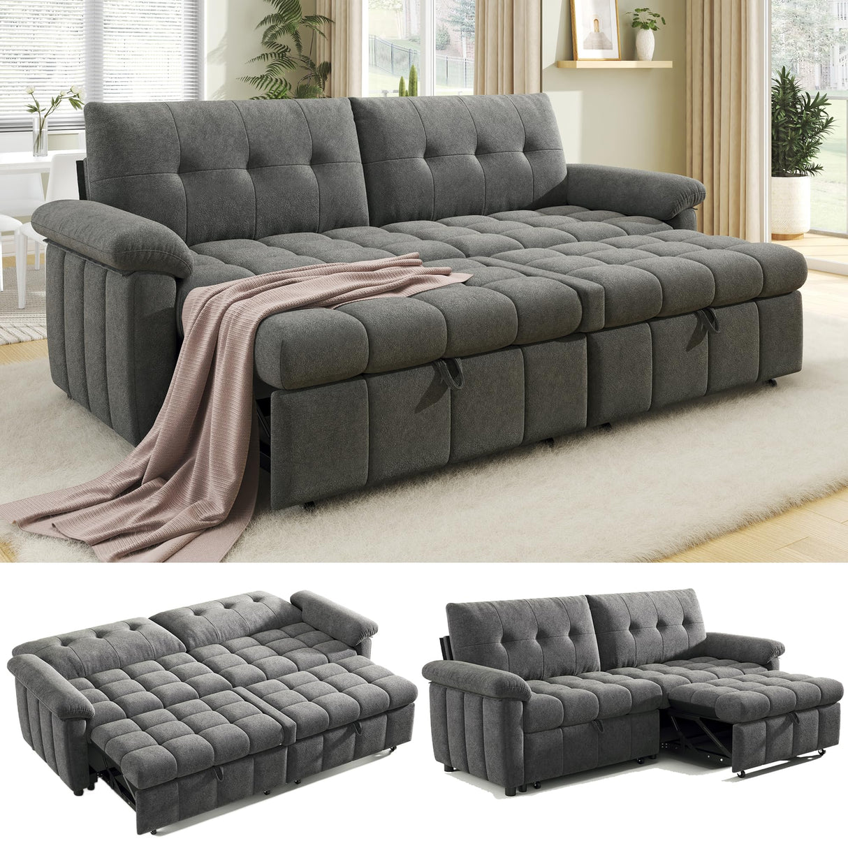 Jocisland 93” Convertible Sofa Bed with Pull-Out Sleeper, 4-in-1 Couch with 5-Position Backrest, Tufted Chenille, Easy 10-Min Assembly, Modern Couch for Living Room & Guests – Gray Jocisland