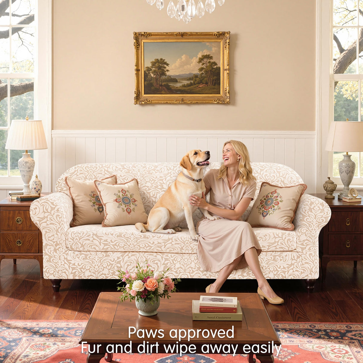 SUBRTEX 2 Piece Couch Covers, Jacquard Damask 3 Seater Sofa Cover with Seat Cushion, Stretch Sofa Slipcovers Non Slip Furniture Protector for Dogs Pets (Large, Khaki) SUBRTEX