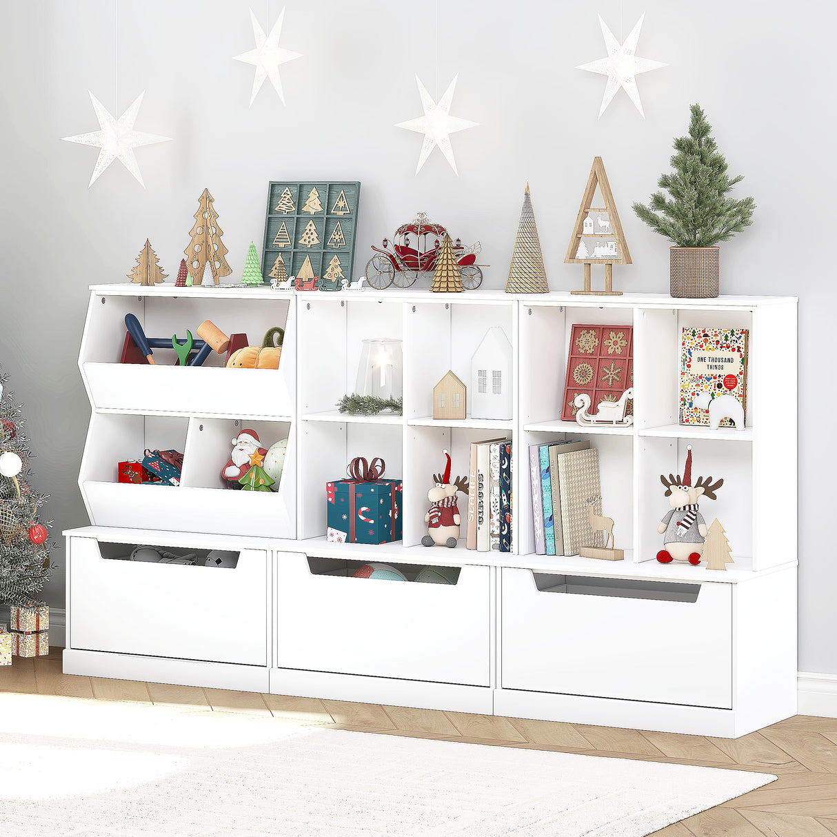 UTEX Kids Bookshelf and Toy Storage Organizer, Toddlers Bookcase with Cubbies, Adjustable Wood Shelf with Drawer for Bedroom, Playroom, Nursery, White UTEX