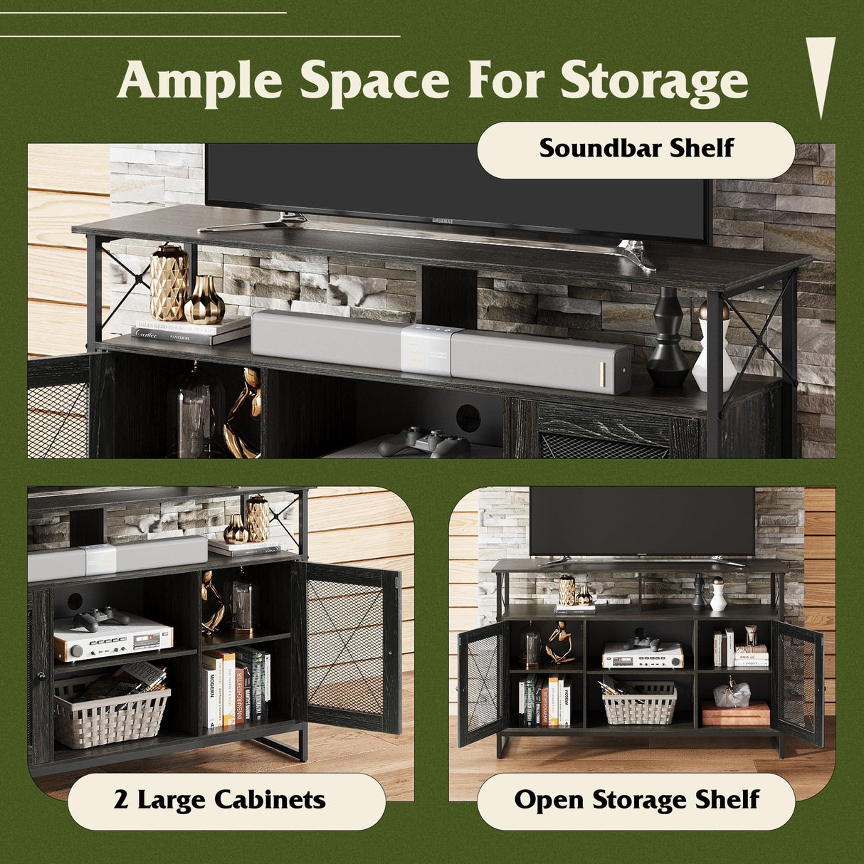 WLIVE TV Stand 55 inch TV,Tall Entertainment Center with Storage, Farmhouse Industrial TV Console for Bedroom Living Room, Charcoal Black WLIVE