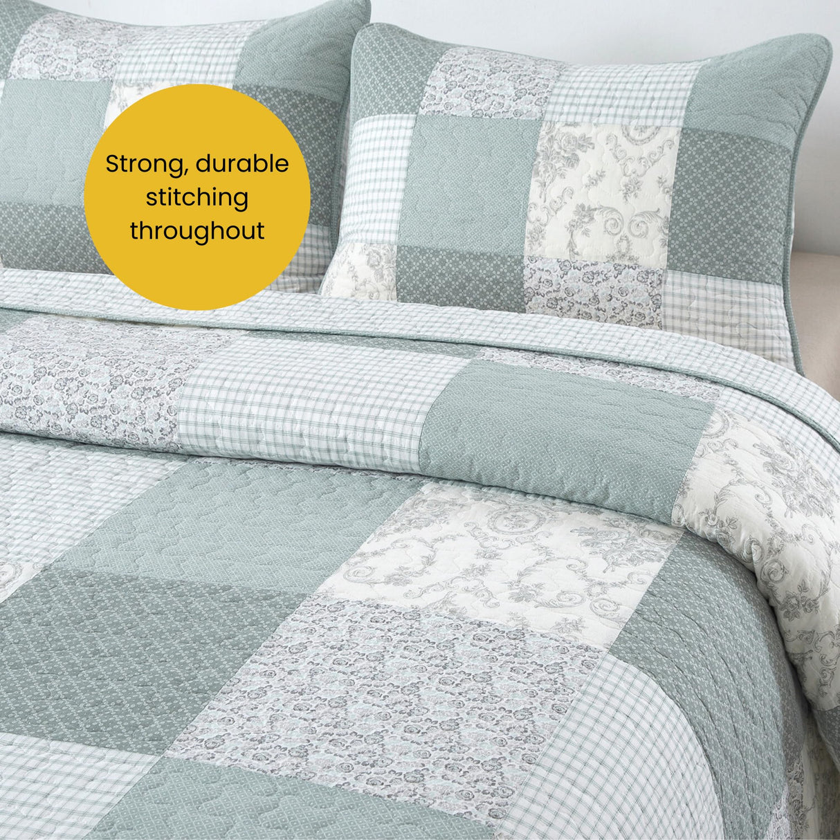 Soul & Lane Memory Lane 3-Piece Cotton Quilt Set - Queen Size with 2 Shams, Sage Green Patchwork Quilted Comforter, Lightweight Country Pieced Bedspread, Neutral Modern Farmhouse Bedding Soul & Lane