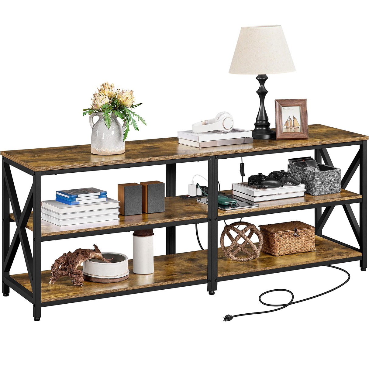 Yaheetech TV Stand with Power Outlet, Industrial TV Stand for 75 Inch TVs, Media TV Console Table with Open Storage Shelves for Living Room, Rustic Brown Yaheetech