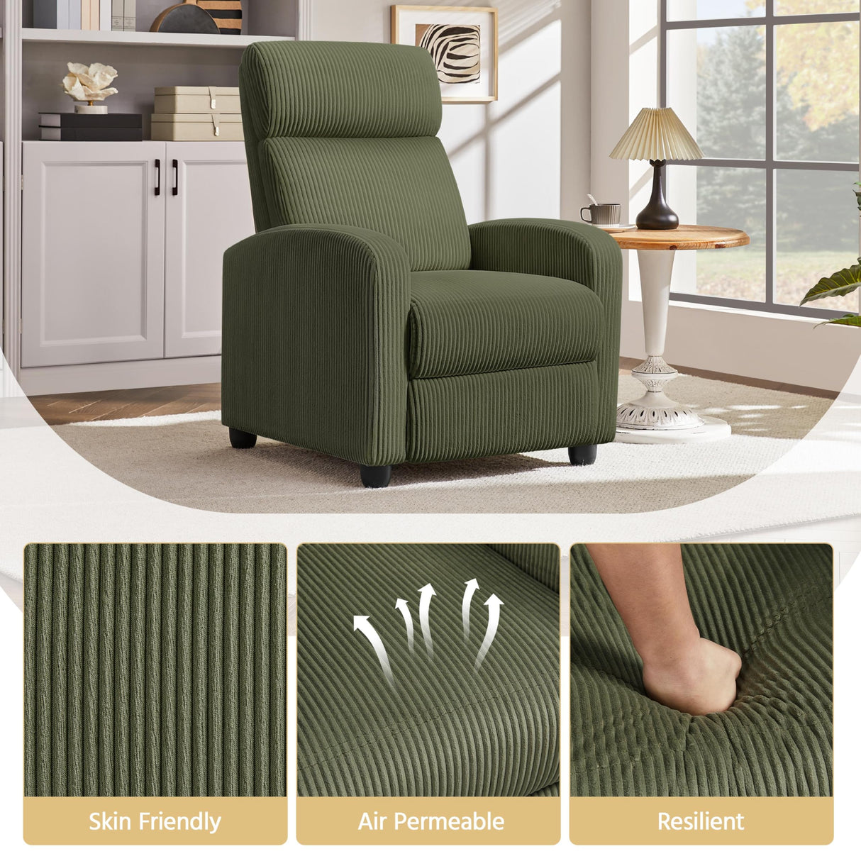 Yaheetech Corduroy Recliner Chair Single Sofa Home Theater Seating Adjustable Modern Reclining Chair for Living Room Bedroom Home Theater Dark Green Yaheetech