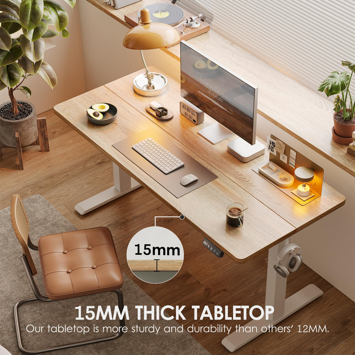 TIQLAB Standing Desk 63 x 24 inch, Electric Height Adjustable Desk with Splice Board, Stand Up Desk, Sit Stand Desk Computer Desk for Home Office, White Frame/Maple Top TIQLAB