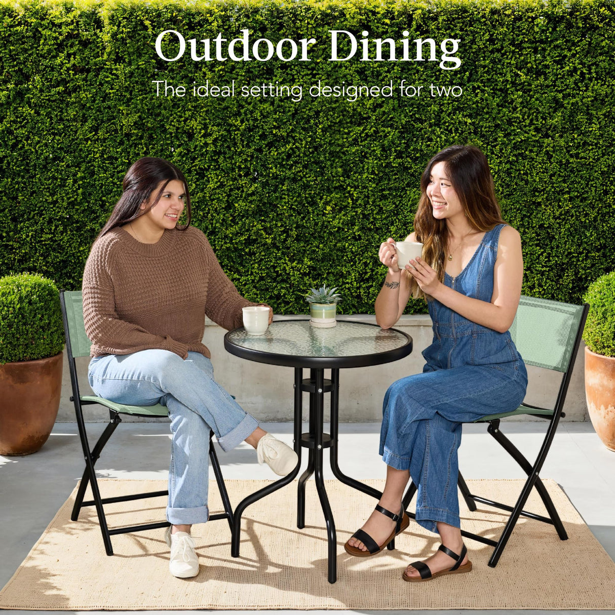 Best Choice Products 3-Piece Patio Bistro Dining Furniture Set w/Textured Glass Tabletop, 2 Steel Folding Chairs, Polyester Fabric - Sage Best Choice Products