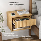 EYYTHUNG Floating Nightstand with Drawer, Modern Small Night Stand with Fluted Door and Open Storage Shelf Wall Mounted Bedside Table for Bedroom, Entryway Natural Oak EYYTHUNG