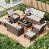 EROMMY Outdoor Swivel Chairs Set,8 Pieces Rattan Wicker Furniture Set,Patio Conversation Sets with Lovesat,3-Seat Sofa,2 Ottomans,Coffee Table and Side Table,for Porch Pool Yard Garden,Beige-8 Pcs EROMMY