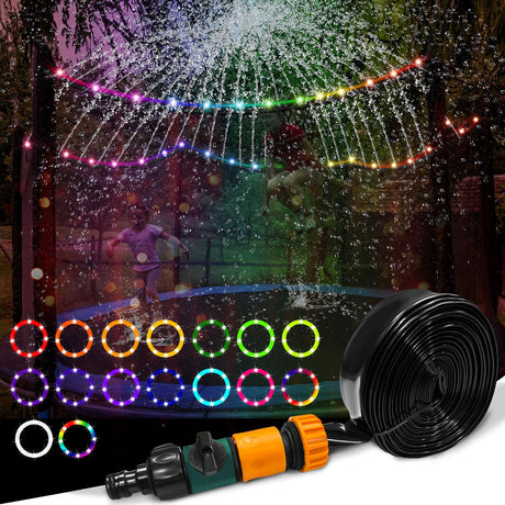 2Pcs Outdoor Trampoline Set, 12Ft LED Trampoline Light and Trampoline Sprinkler, Outdoor Trampoline Backyard Water Park, 16Color Change,Waterproof, Bright to Play at Night Outdoors, Good Gift for Kids Eliteemo