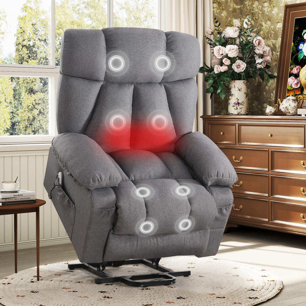 Oversized Power Lift Recliner Chair with Vibration Massage&Heat for Elderly,Classic Upholstered Breathable Fabric Lounge Chair with Side Pockets,USB Charge Port for Living Room,Only One Package Grey Sofetura