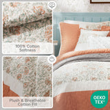 Madison Park 100% Cotton Quilt Set Floral Print, Double Sided Stitching, All Season, Lightweight Coverlet Shabby Chic Bedding Layer, Matching Shams, Full/Queen, Coral 6 Piece Madison Park