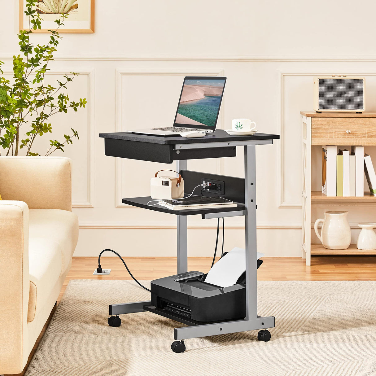 Yaheetech 22 in Laptop Computer Table Home Office Desk with Power Outlet for Small Space, Mobile Compact Corner Desk with Charging Station and USB Ports on Wheels, Student Writing Desk Table, Black Yaheetech