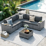 UDPATIO Patio Furniture Set, 8 Inch Armrest Outdoor Sectional Sofa, 6 Piece Wicker Outdoor Furniture Conversation Sets with Waterproof Cover and Coffee Table for Backyard Deck(Grey/Dark Grey) UDPATIO