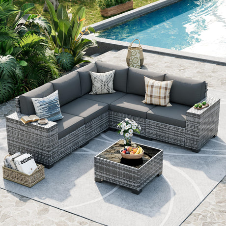 UDPATIO Patio Furniture Set, 8 Inch Armrest Outdoor Sectional Sofa, 6 Piece Wicker Outdoor Furniture Conversation Sets with Waterproof Cover and Coffee Table for Backyard Deck(Grey/Dark Grey) UDPATIO