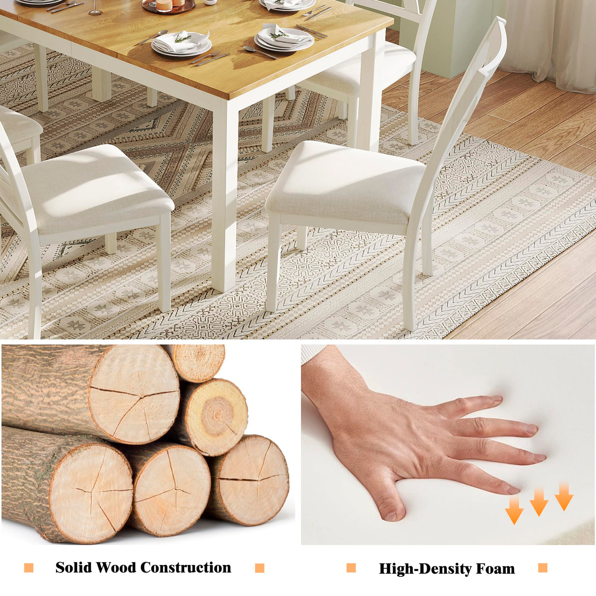 LUXOAK 7-Piece Solid Wood Dining Table Set, 60" Farmhouse Dining Table with 6 Chairs, Rectangular Table Set for 6, Kitchen & Dining Room Furniture, Distressed Cream LUXOAK